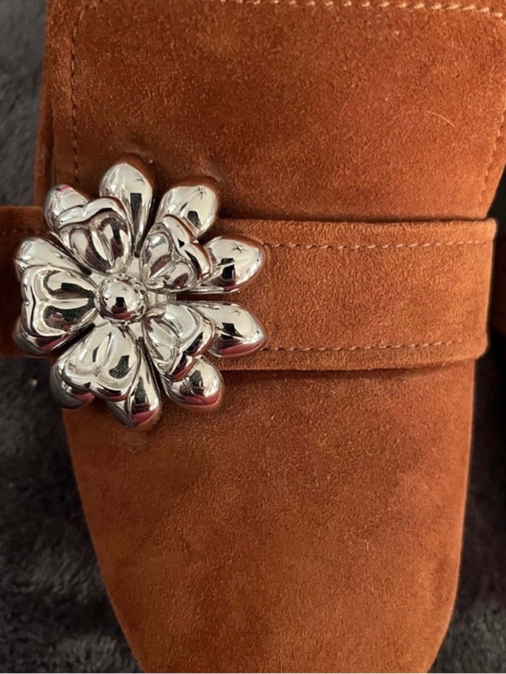 Prada Suede Loafers with Crystal Floral Brooch in Rust - Picture 2 of 7